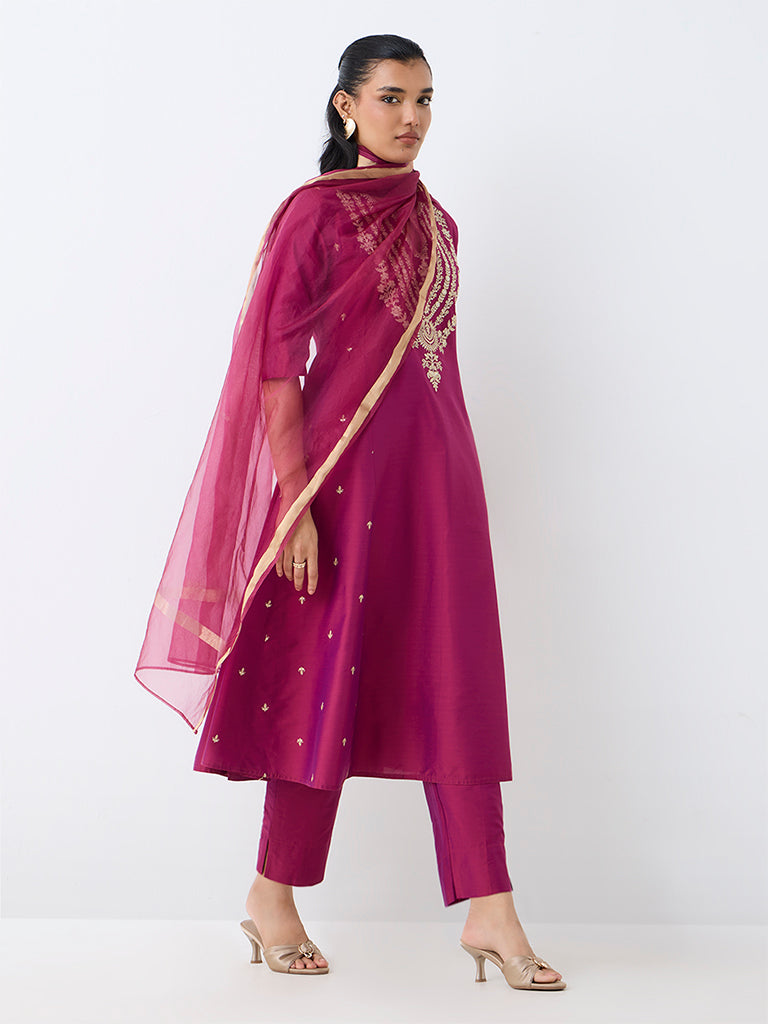 Vark Magenta Floral Embroidered A-Line Ethnic Set
