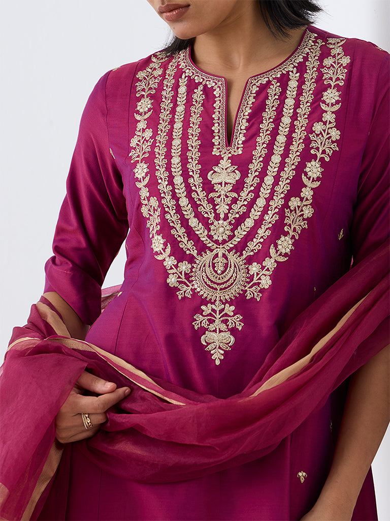 Vark Magenta Floral Embroidered A-Line Ethnic Set