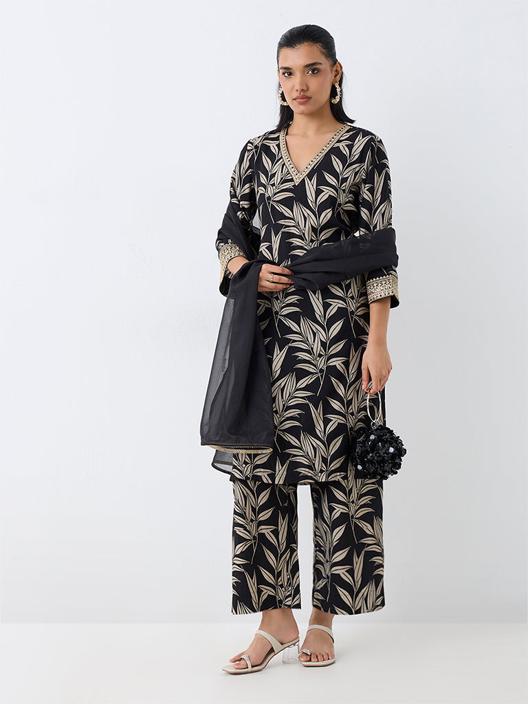 Vark Black Foliage Printed Straight Ethnic Set