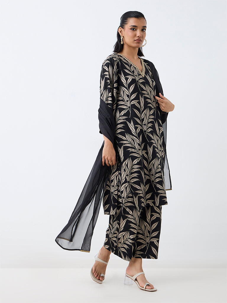Vark Black Foliage Printed Straight Ethnic Set