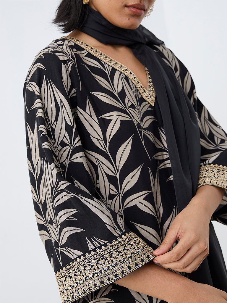 Vark Black Foliage Printed Straight Ethnic Set
