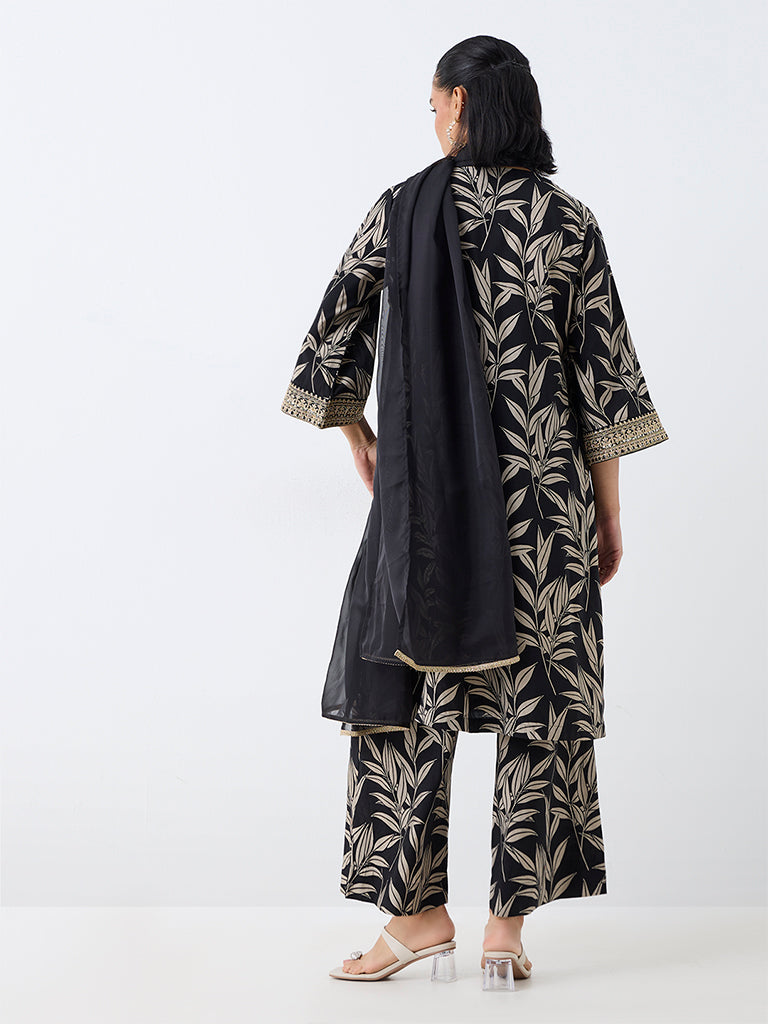 Vark Black Foliage Printed Straight Ethnic Set