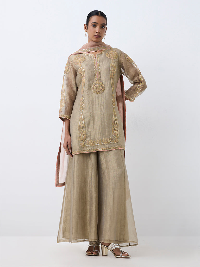 Vark Taupe Paisley Embroidered Short Kurta and Flared Palazzos Set