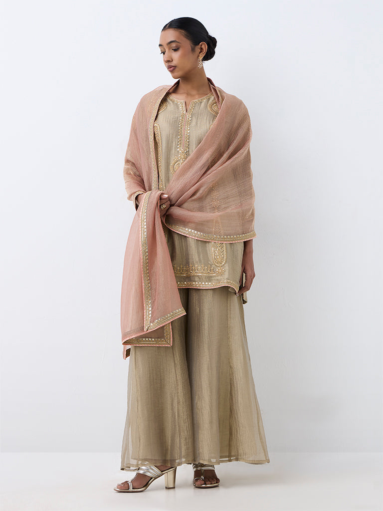 Vark Taupe Paisley Embroidered Short Kurta and Flared Palazzos Set