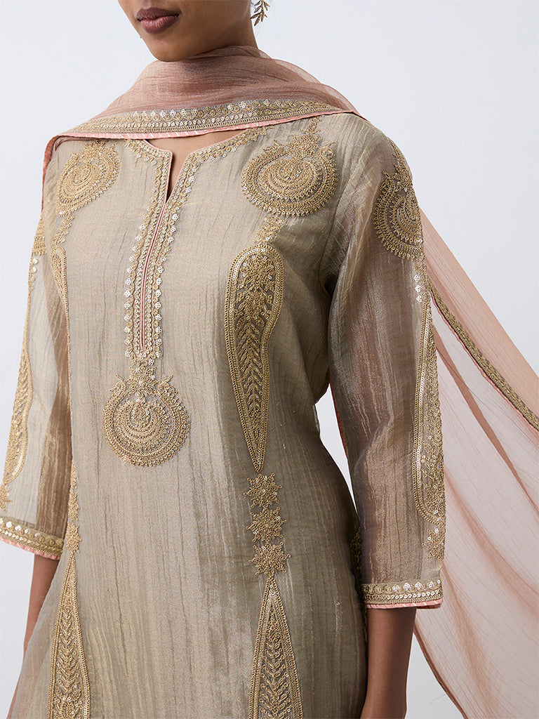 Vark Taupe Paisley Embroidered Short Kurta and Flared Palazzos Set