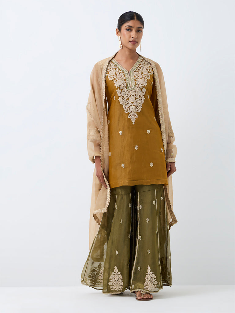 Vark Mustard Embroidered Straight Kurta with Sharara Set