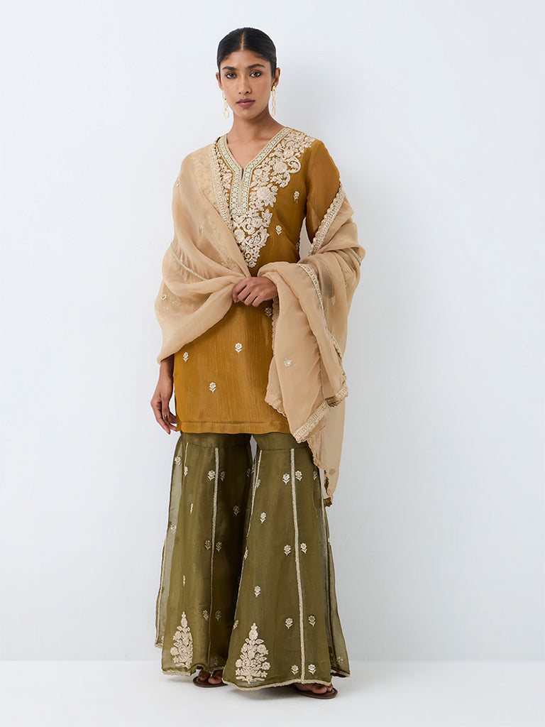 Vark Mustard Embroidered Straight Kurta with Sharara Set