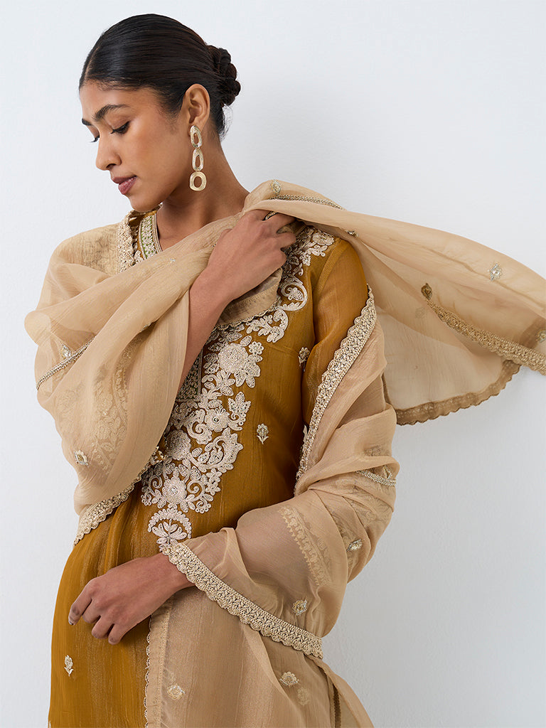 Vark Mustard Embroidered Straight Kurta with Sharara Set