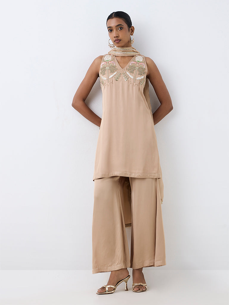 Vark Light Beige Floral Embroidered A-Line Ethnic Set