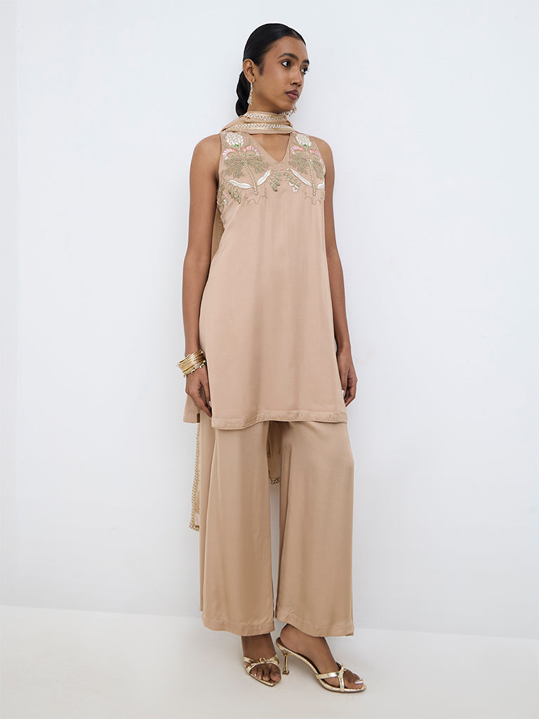 Vark Light Beige Floral Embroidered A-Line Ethnic Set