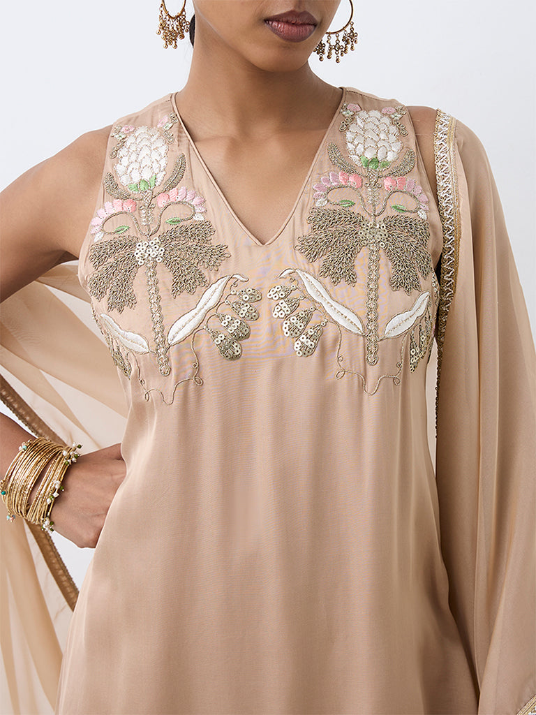 Vark Light Beige Floral Embroidered A-Line Ethnic Set