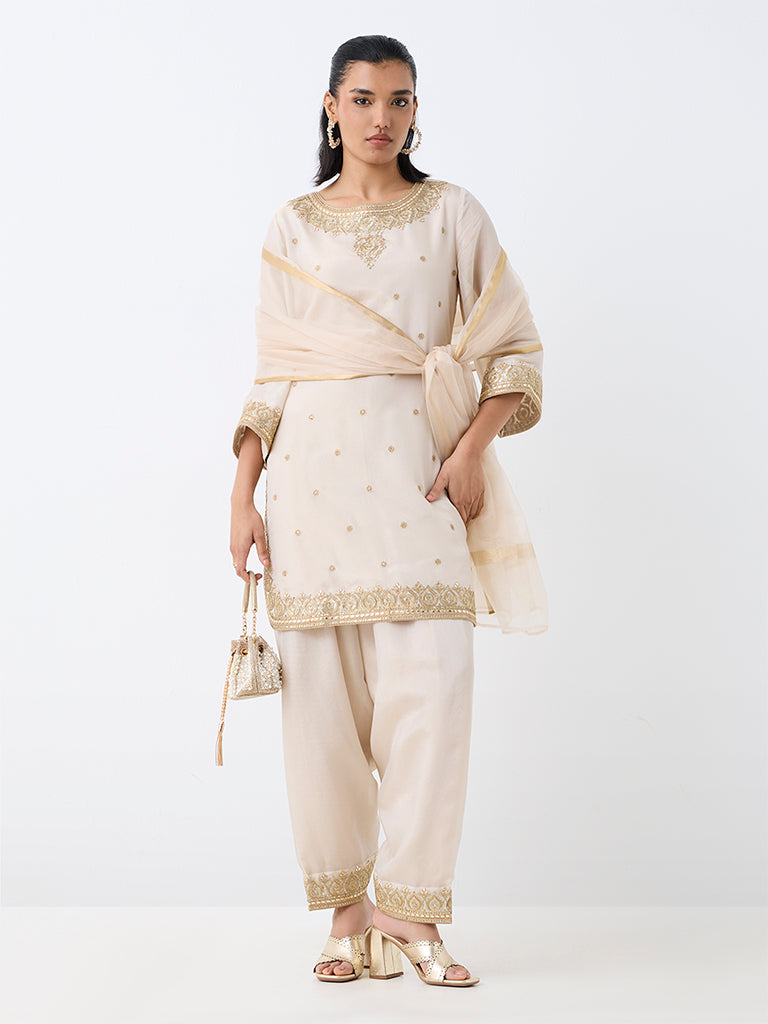 Vark Off-White Floral Embellished A-Line Kurta and Salwar Set