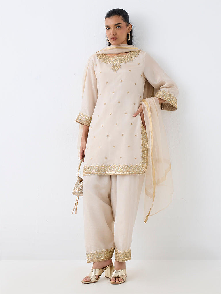 Vark Off-White Floral Embellished A-Line Kurta and Salwar Set