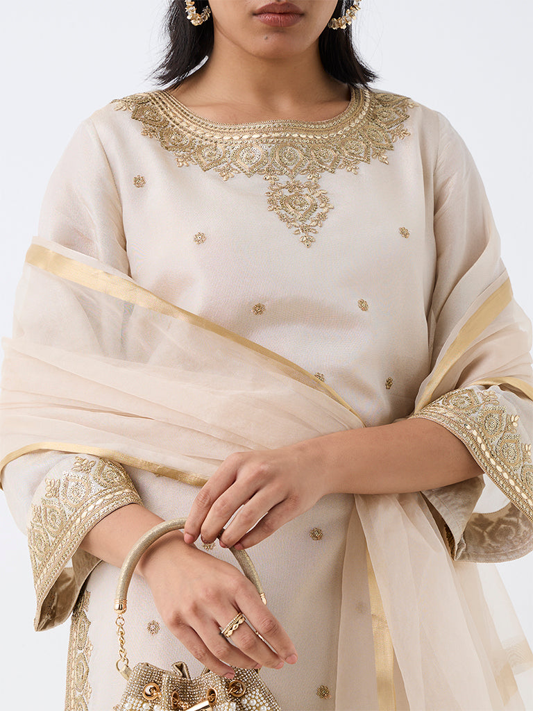 Vark Off-White Floral Embellished A-Line Kurta and Salwar Set