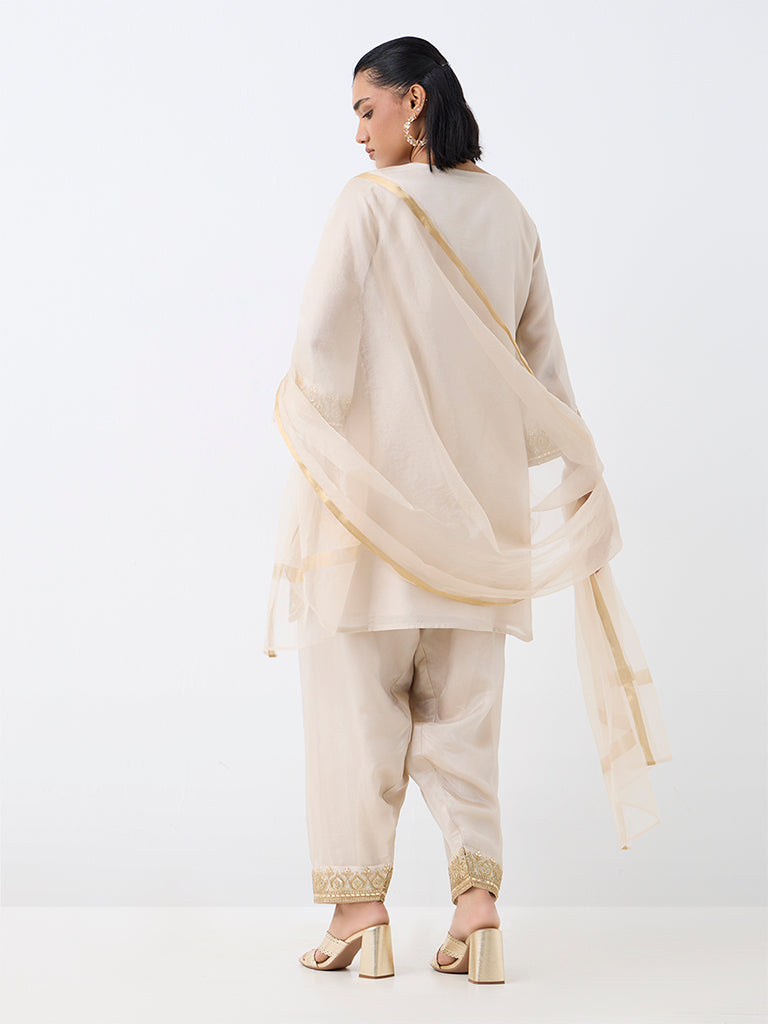 Vark Off-White Floral Embellished A-Line Kurta and Salwar Set