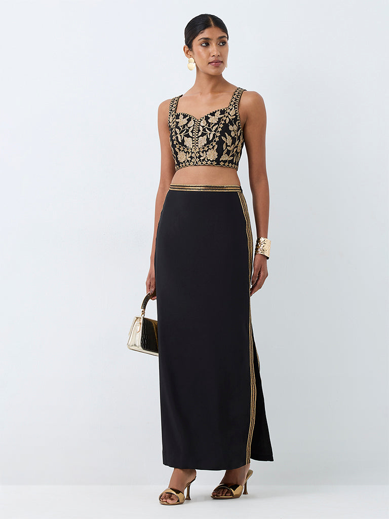 Vark Black Floral Embroidered Crop Top