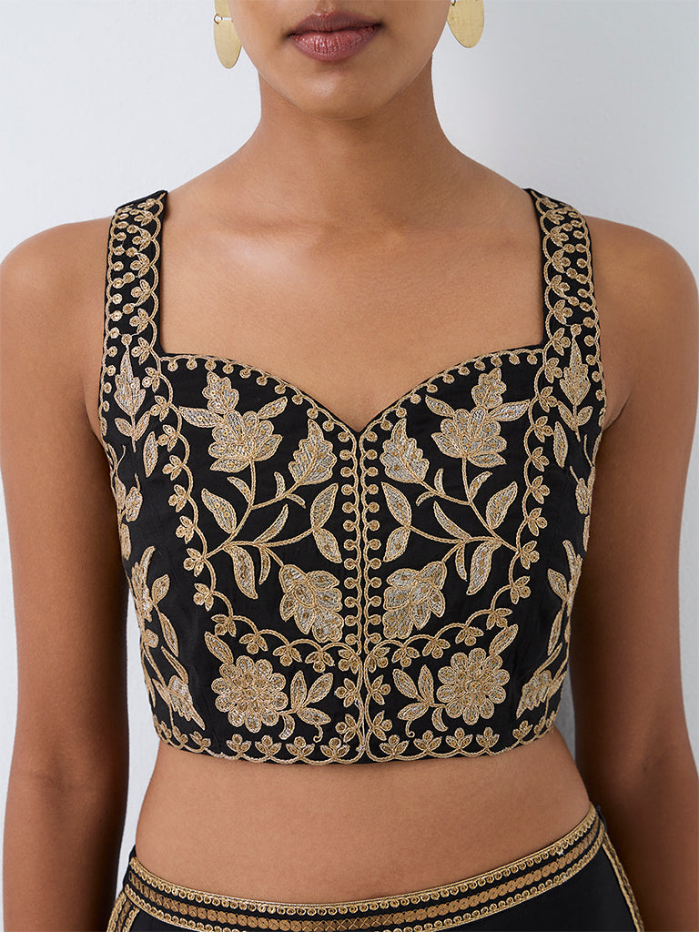Vark Black Floral Embroidered Crop Top
