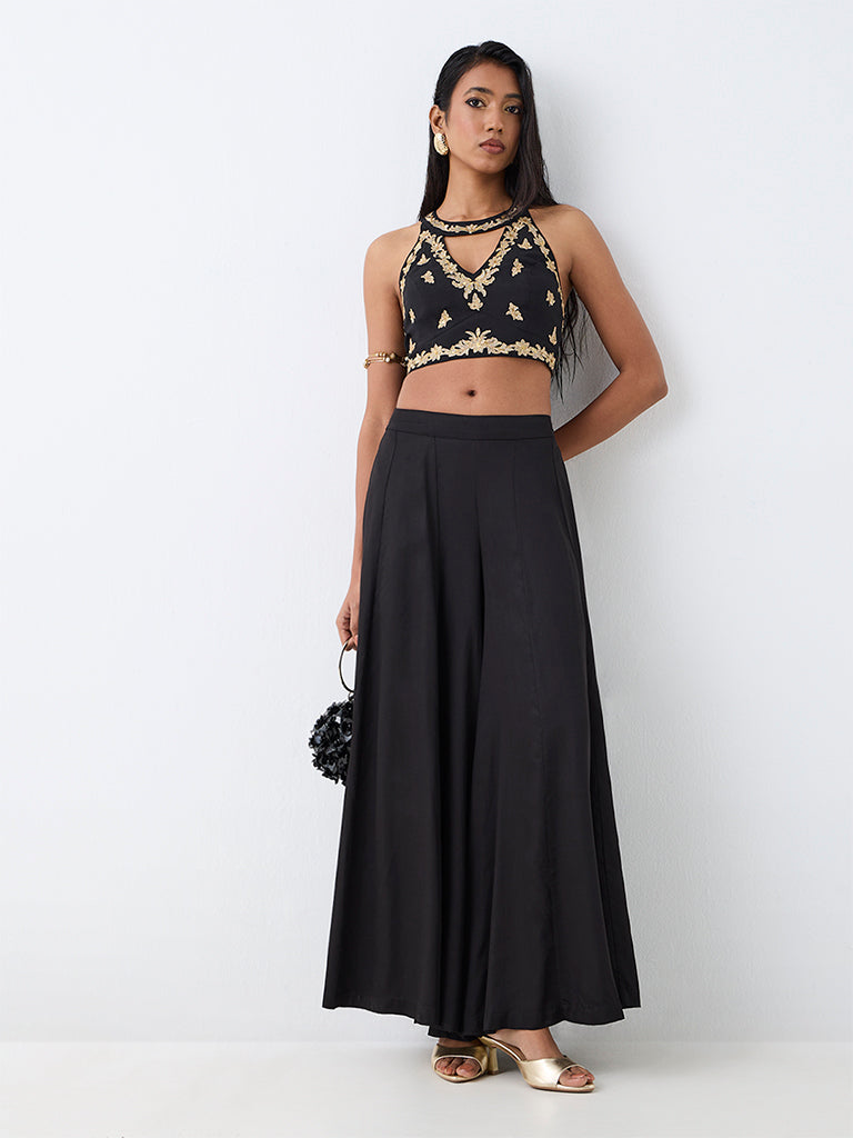 Vark Black Floral Embroidered Crop Top