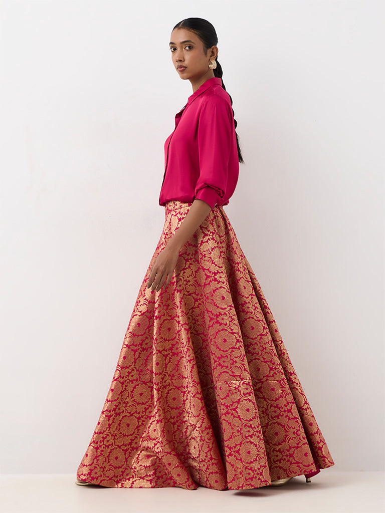 Vark Fuchsia Satin Shirt and Brocade Skirt Set