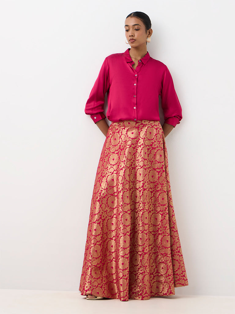 Vark Fuchsia Satin Shirt and Brocade Skirt Set