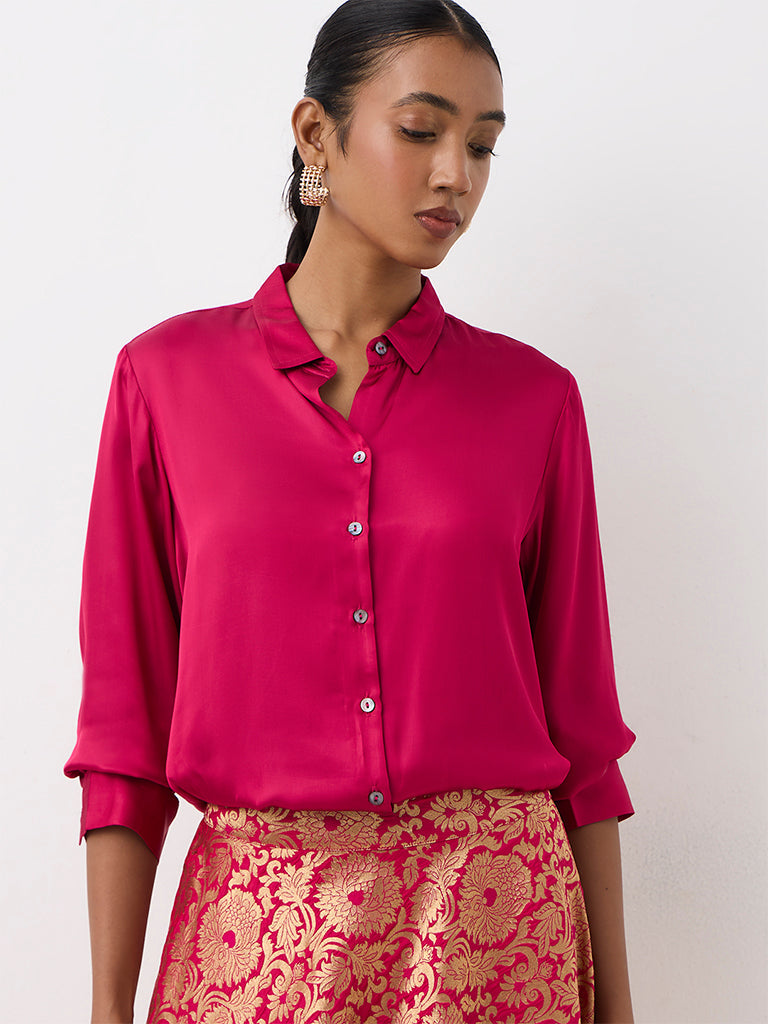 Vark Fuchsia Satin Shirt and Brocade Skirt Set