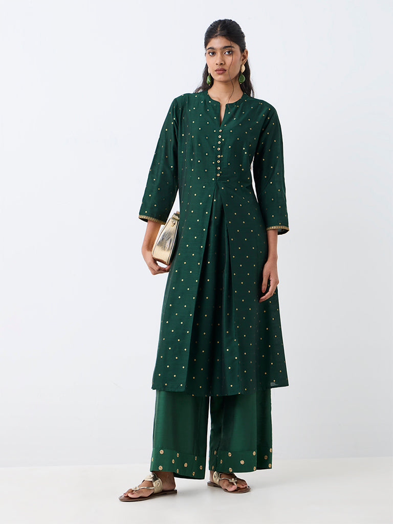 Utsa Dark Green Printed Panelled Fit-and-Flare Kurta