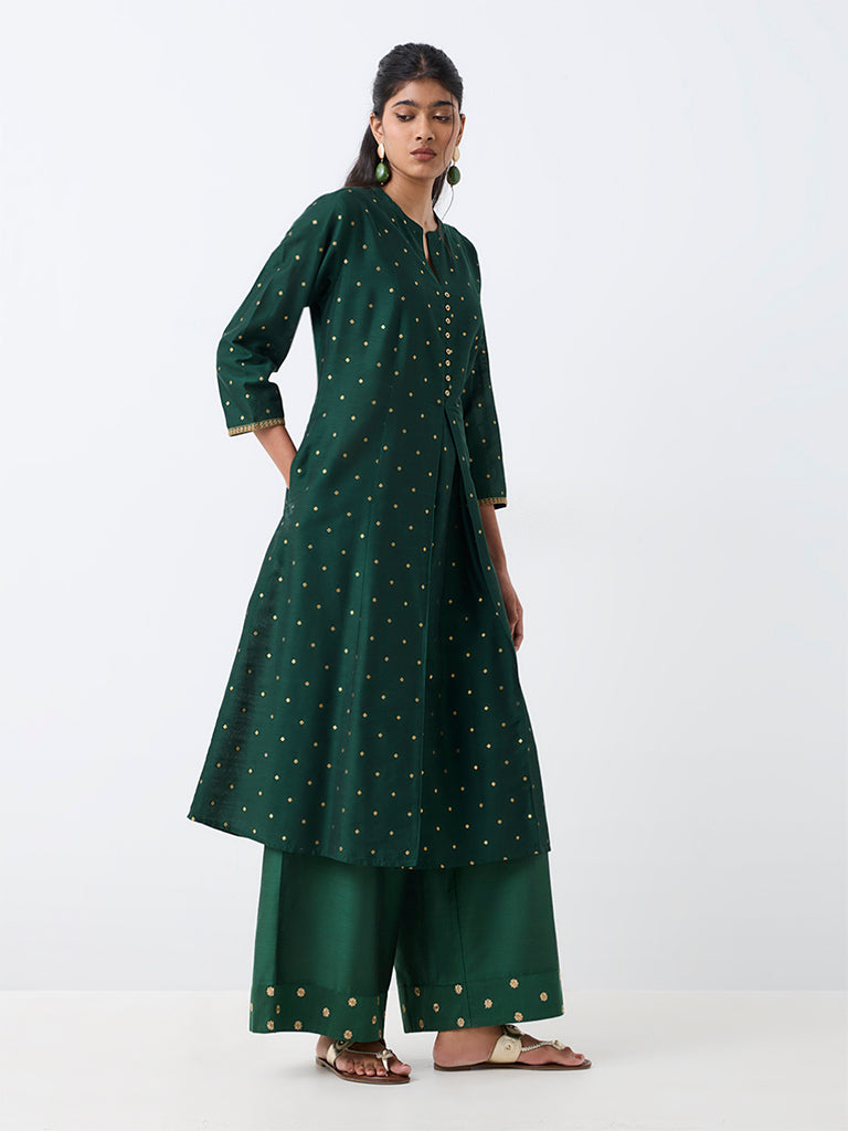 Utsa Dark Green Printed Panelled Fit-and-Flare Kurta