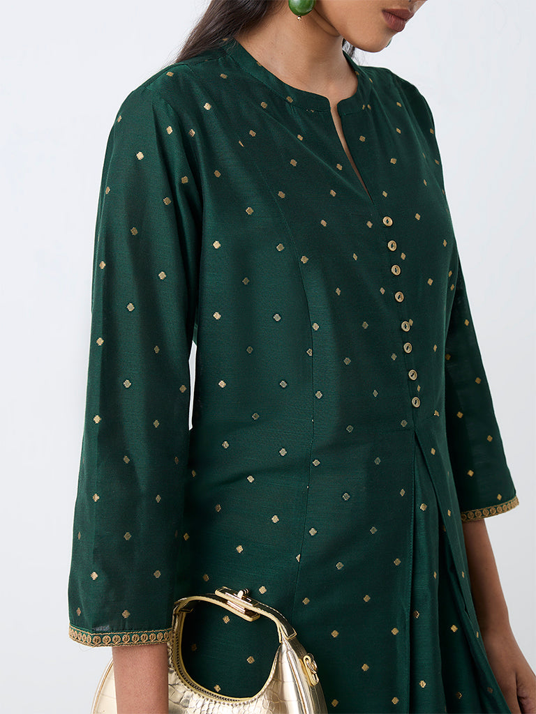 Utsa Dark Green Printed Panelled Fit-and-Flare Kurta