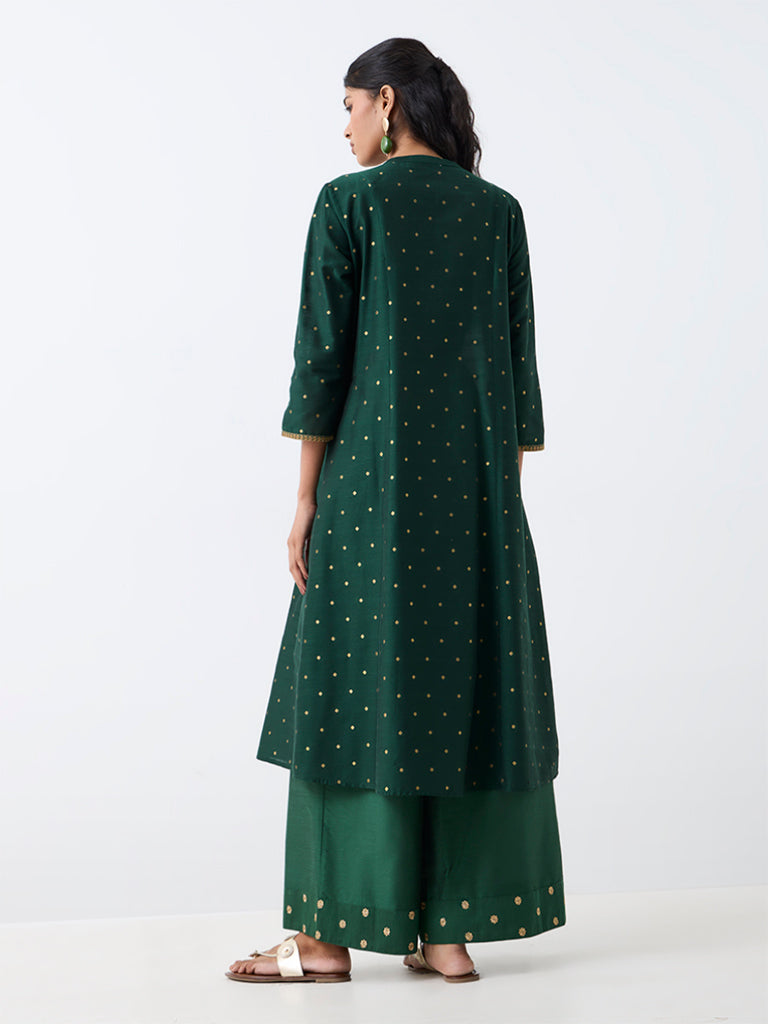 Utsa Dark Green Printed Panelled Fit-and-Flare Kurta