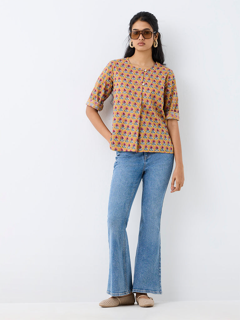 Utsa Mustard Floral Printed Cotton Tunic