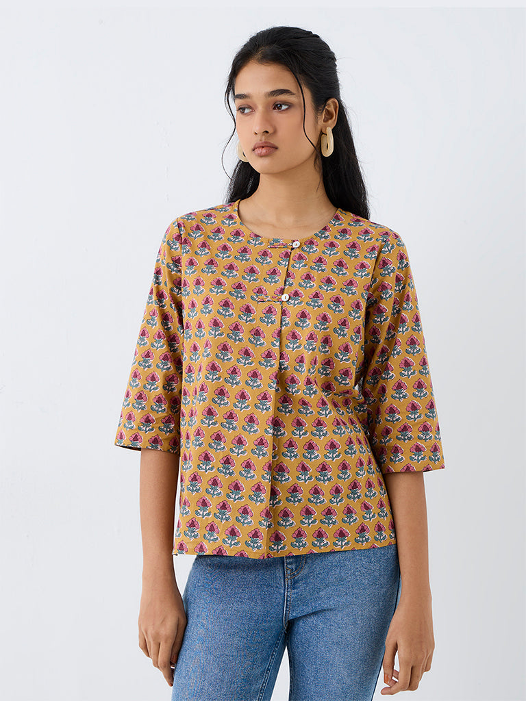 Utsa Mustard Floral Printed Cotton Tunic