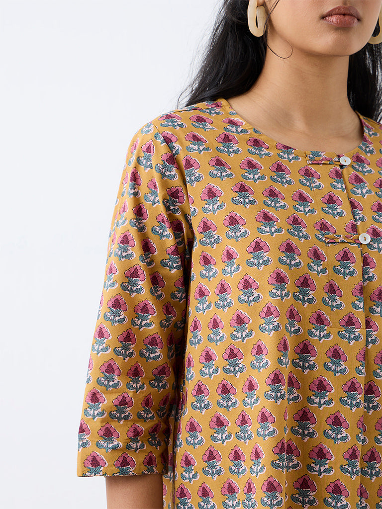 Utsa Mustard Floral Printed Cotton Tunic