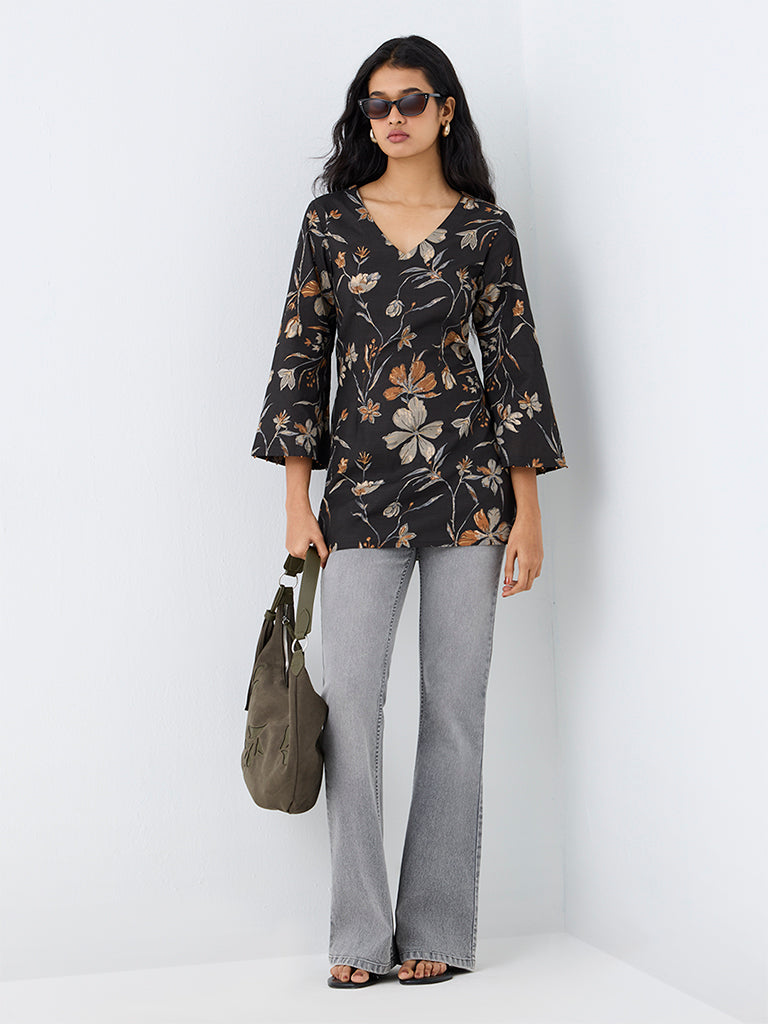 Utsa Black Floral Printed Cotton Tunic