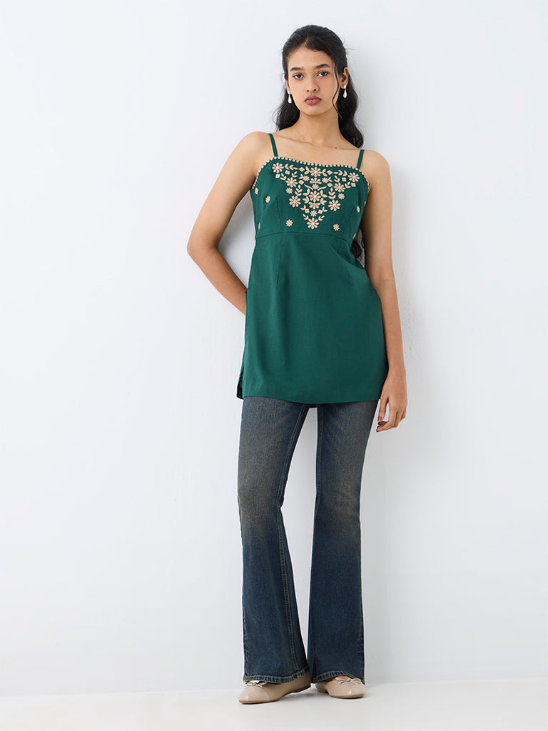 Utsa Dark Green Floral Embroidered Cotton Tunic