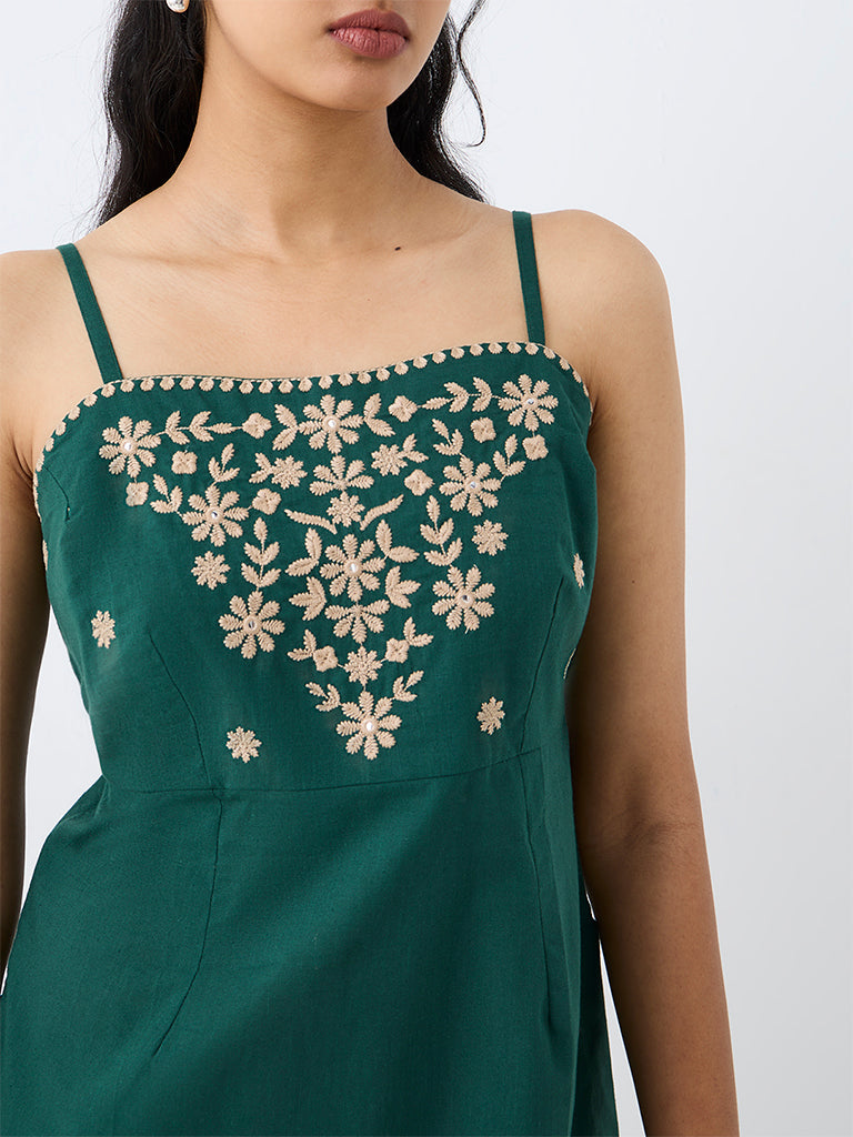 Utsa Dark Green Floral Embroidered Cotton Tunic