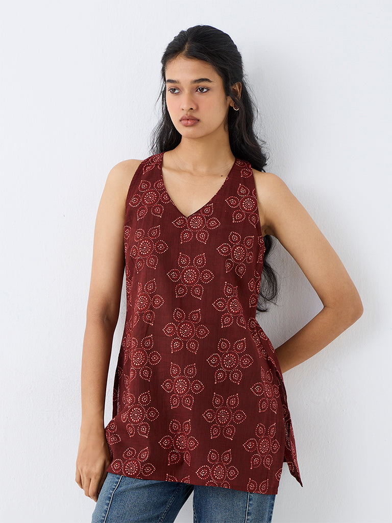 Utsa Maroon Bandhani Floral Cotton Tunic