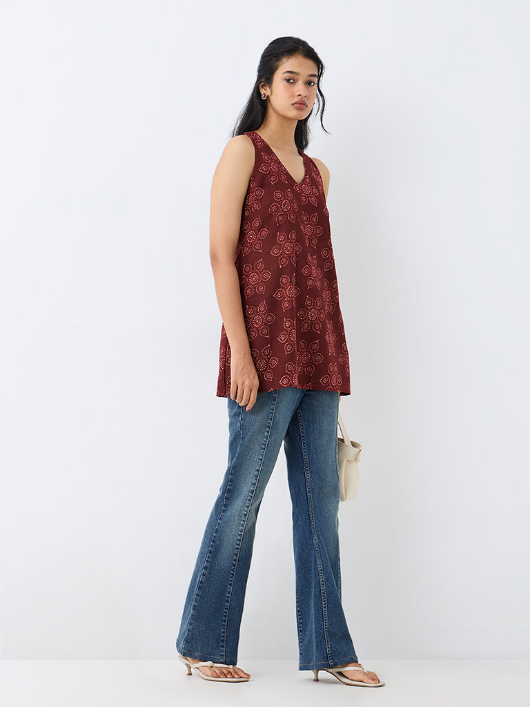 Utsa Maroon Bandhani Floral Cotton Tunic