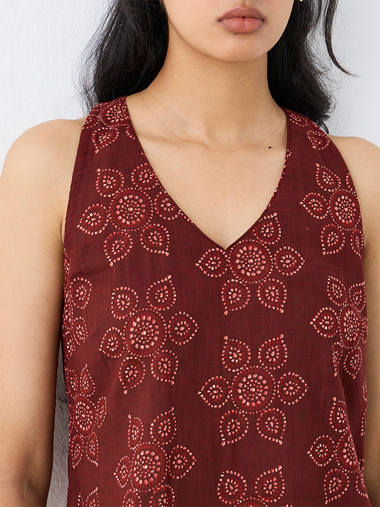 Utsa Maroon Bandhani Floral Cotton Tunic