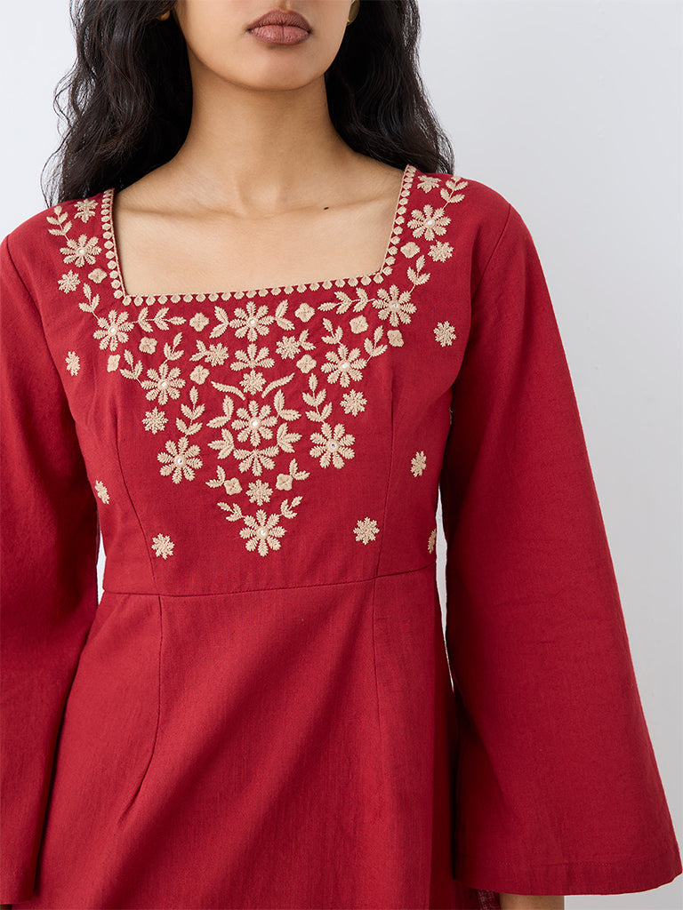 Utsa Red Floral Embroidered Kurti