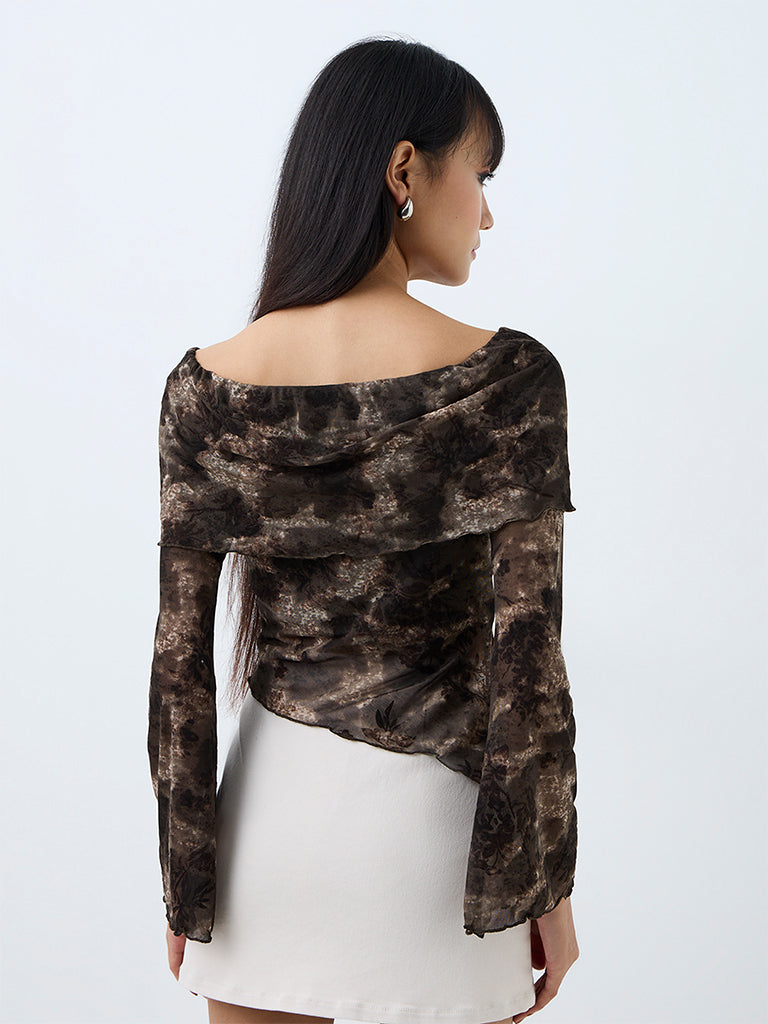 Nuon Dark Olive Floral Pattern Mesh Top