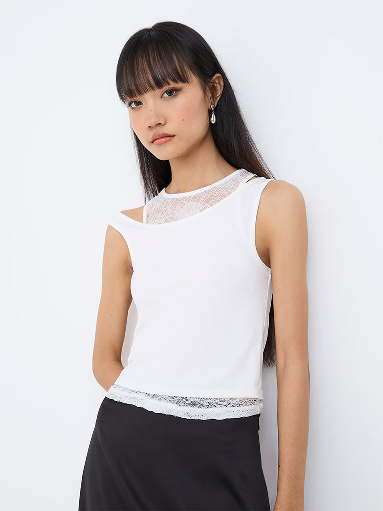 Nuon White Floral Lace-Detail Layered Top