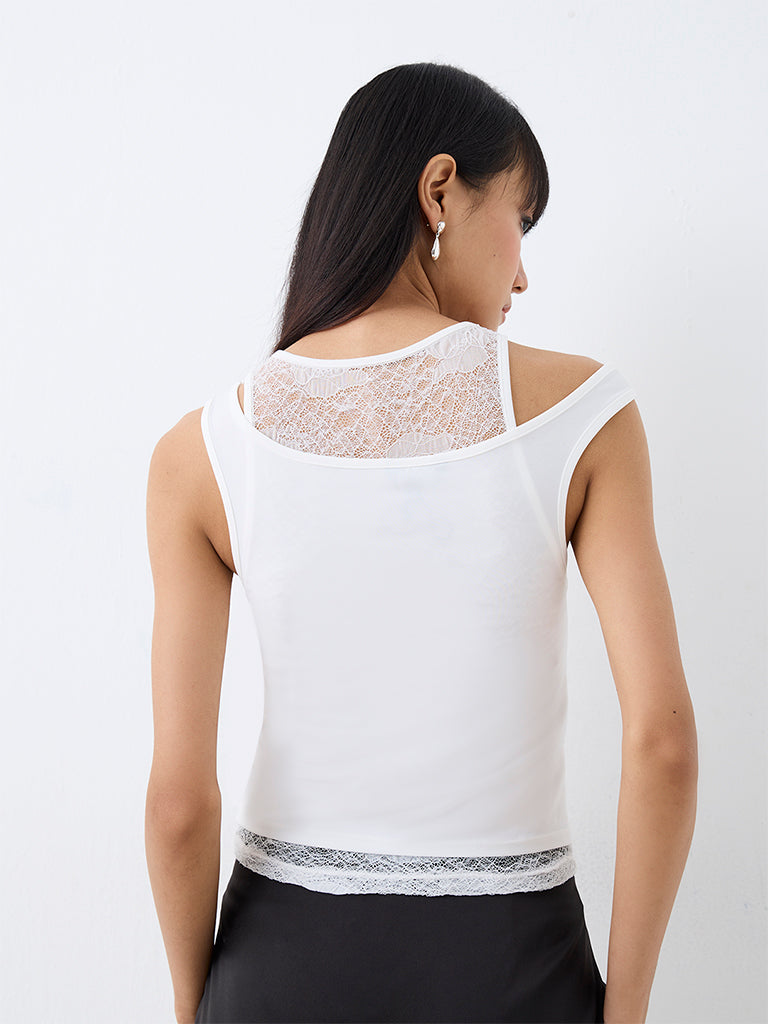 Nuon White Floral Lace-Detail Layered Top