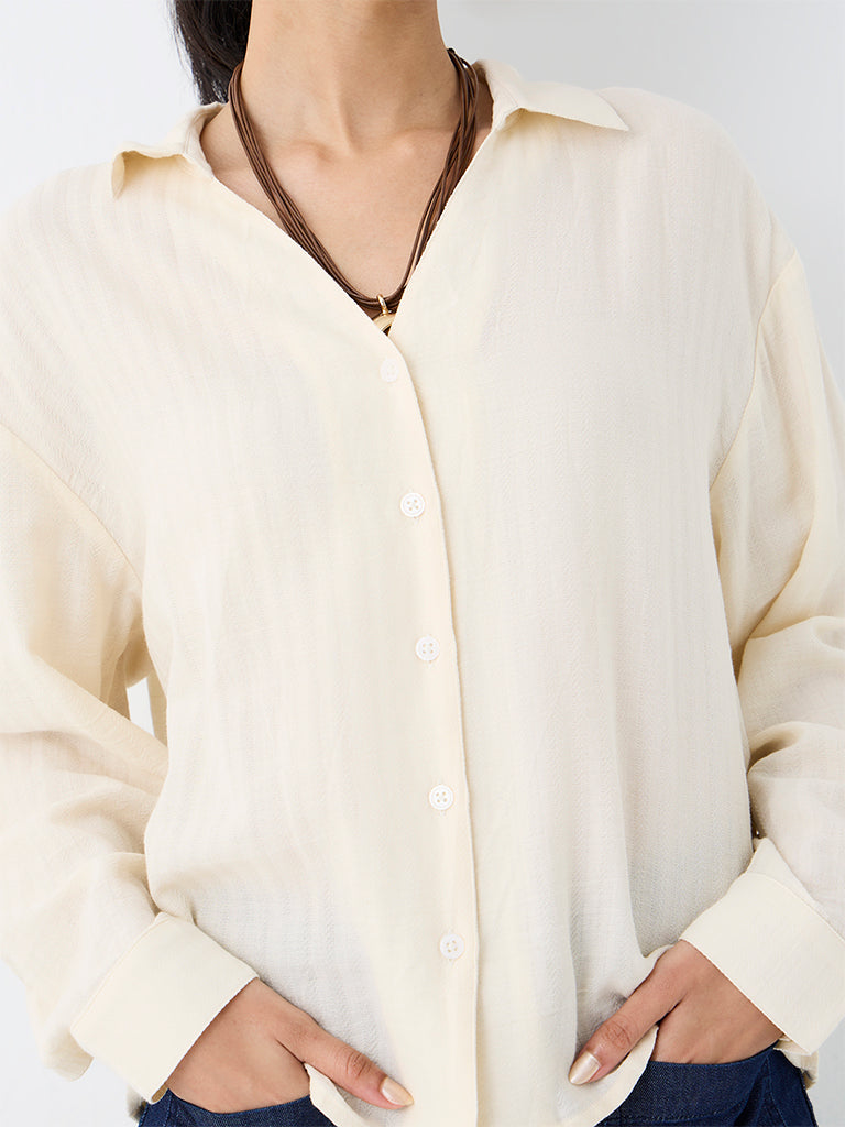 LOV Cream Self-Striped Cotton Shirt