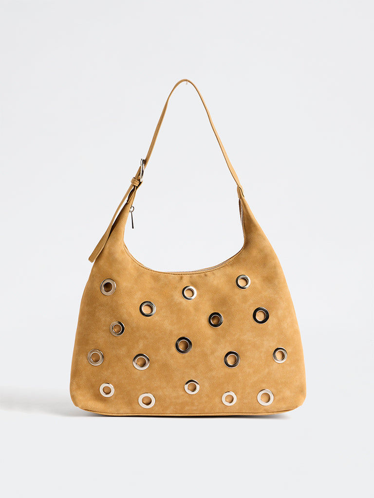 Westside Light Mustard Eyelet-Detail Suede Shoulder Bag