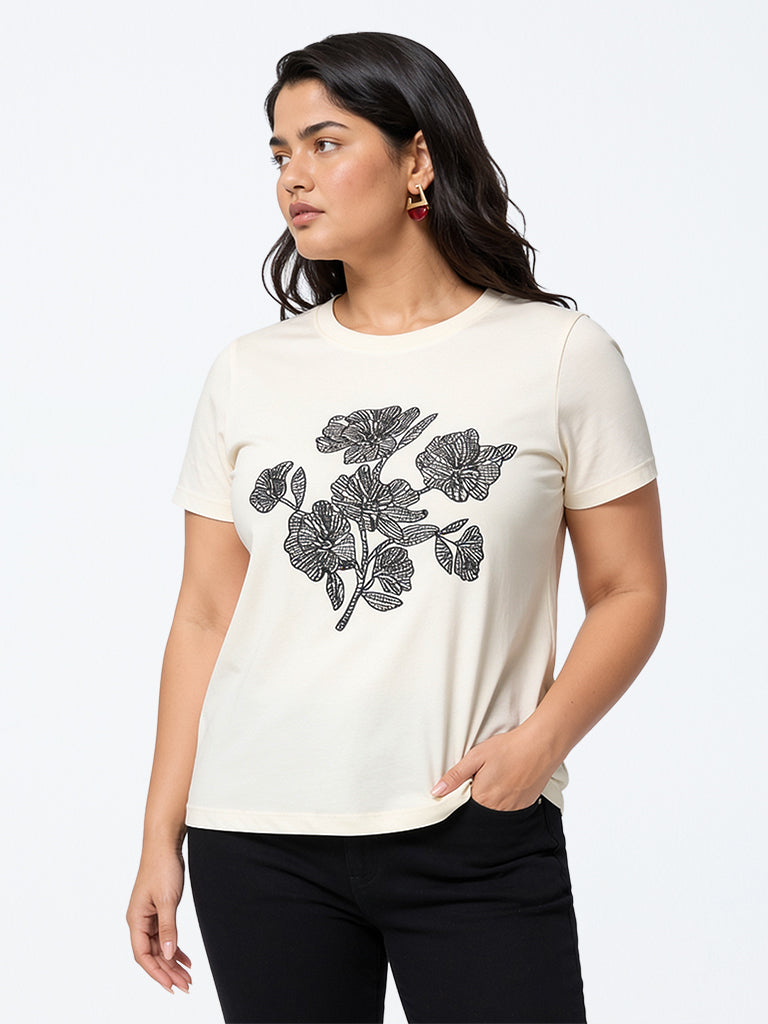 Gia Off-White Floral Printed Cotton T-Shirt