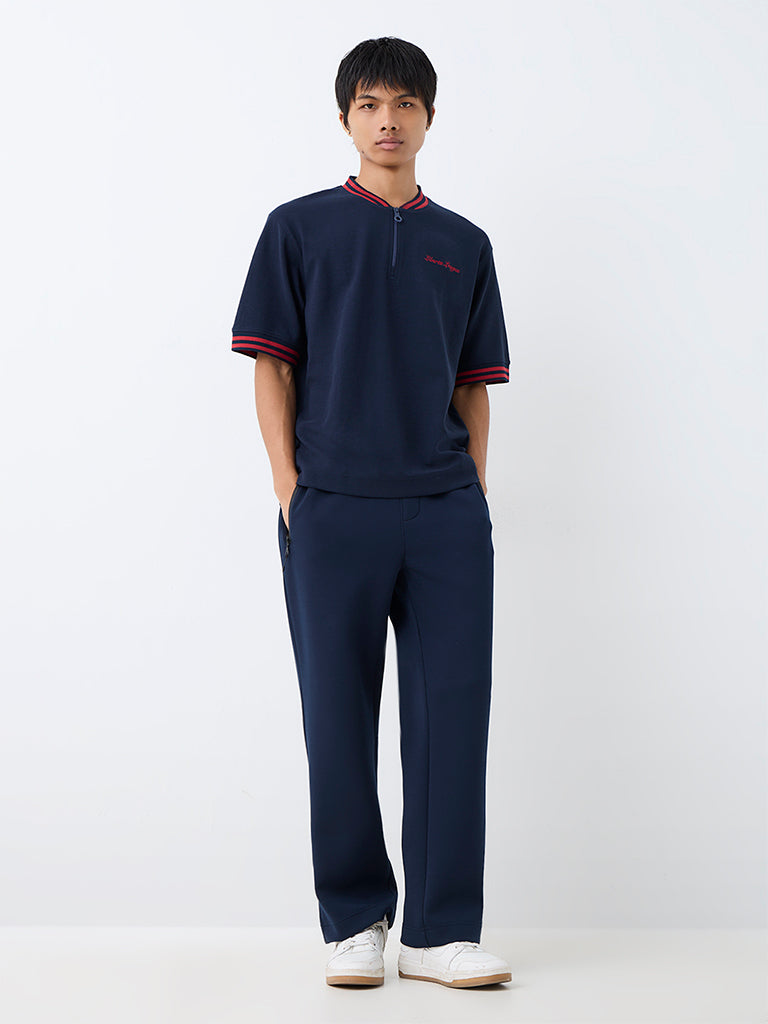Nuoflexx Navy Text-Design Quarter-Zip Relaxed-Fit T-Shirt
