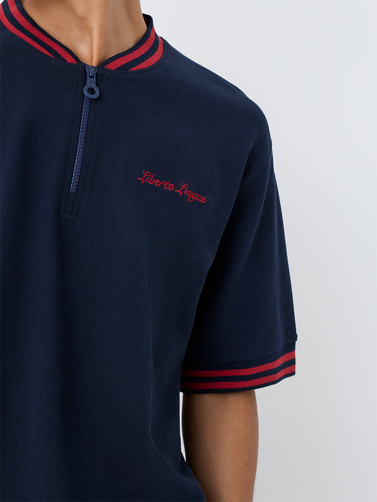 Nuoflexx Navy Text-Design Quarter-Zip Relaxed-Fit T-Shirt