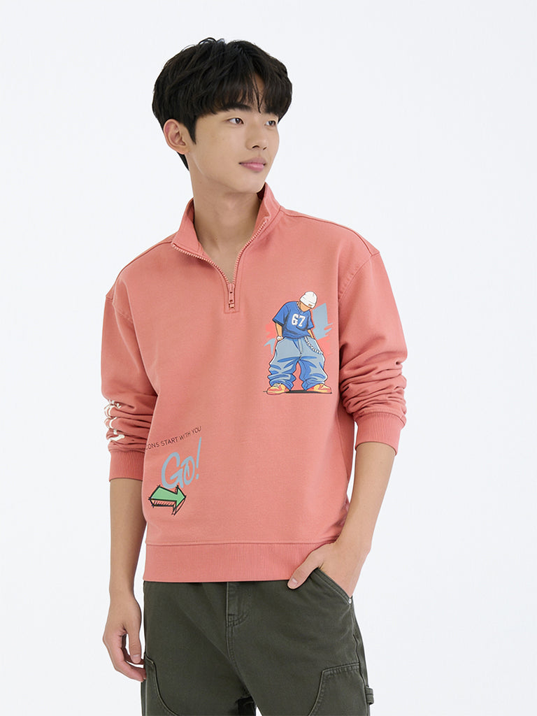Boys Coral Graphic Printed Quarter-Zip Cotton-Blend Sweatshirt