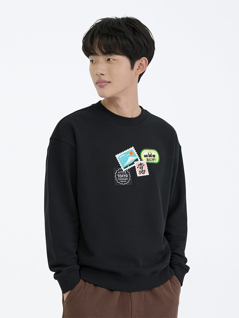 Boys Black Patchwork Design Cotton-Blend Sweatshirt