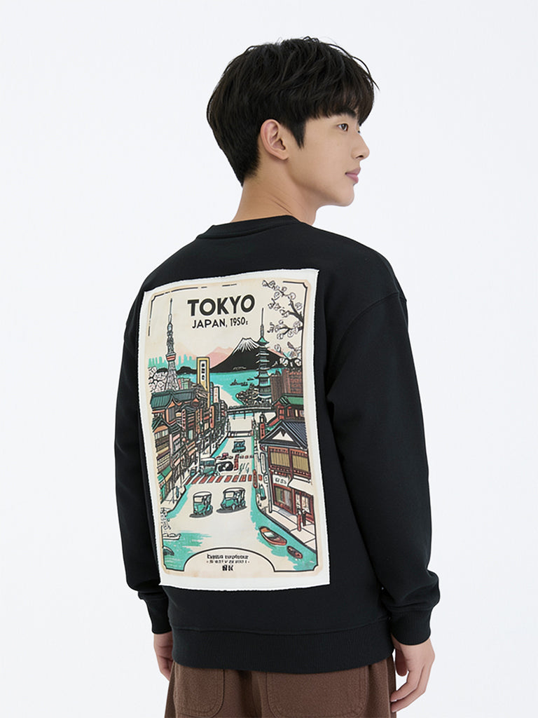 Boys Black Patchwork Design Cotton-Blend Sweatshirt